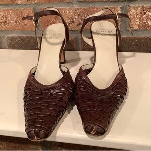 JOAN & DAVID CIRCA brown woven leather strappy sandals